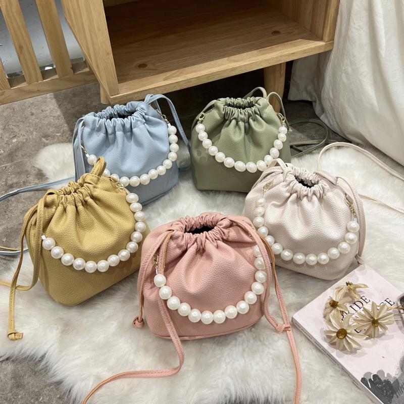 Faux Pearl Chain Bucket Bag Drawstring Crossbody Cloud Handbag