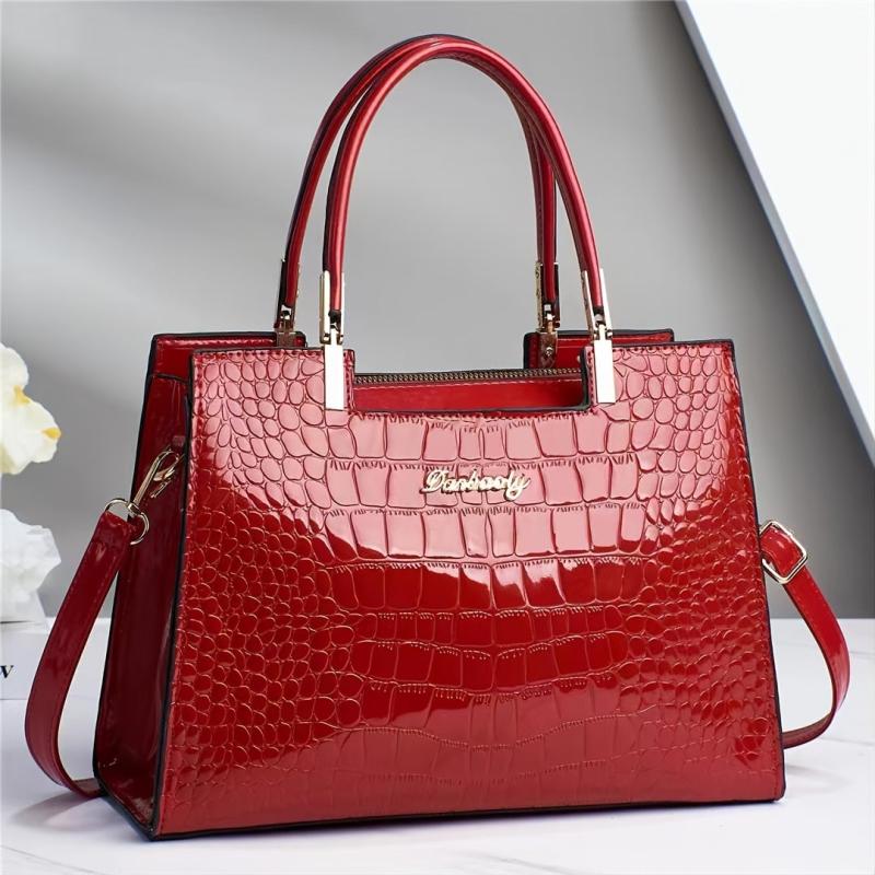 Crocodile Embossed Tote Bag Patent Leather Top Handle Purse