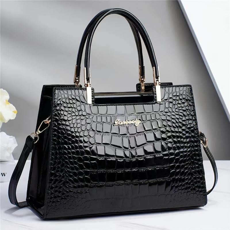 Crocodile Embossed Tote Bag Patent Leather Top Handle Purse