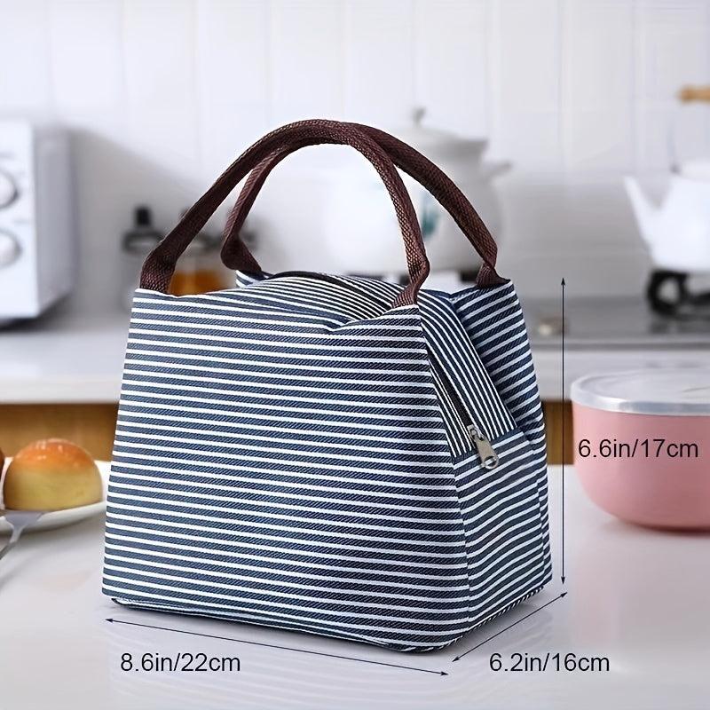Insulated Lunch Tote Bag Stripe Pattern Handbag Portable Picnic Bag