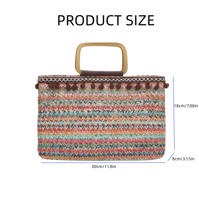 Vintage Straw Woven Tote Bag Summer Beach Handbag Ethnic Bohemian Purse