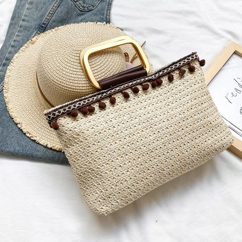 Vintage Straw Woven Tote Bag Summer Beach Handbag Ethnic Bohemian Purse