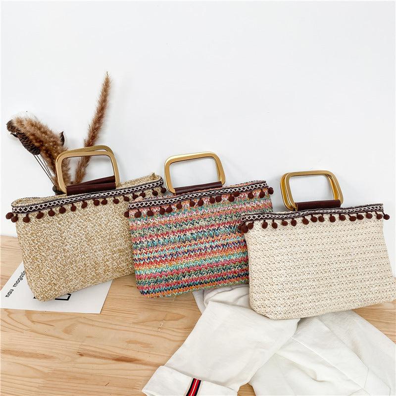 Vintage Straw Woven Tote Bag Summer Beach Handbag Ethnic Bohemian Purse