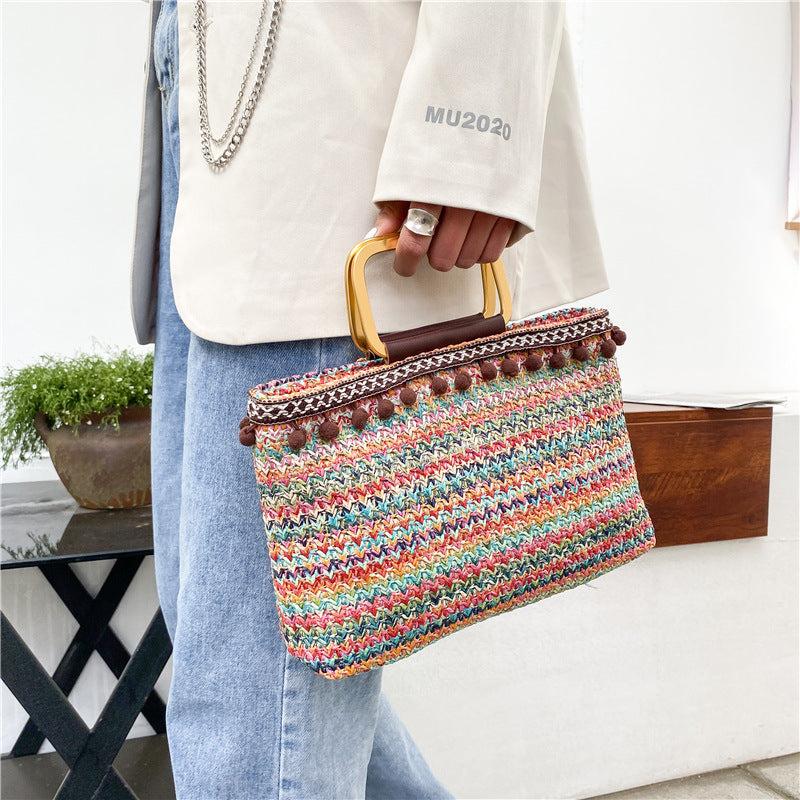Vintage Straw Woven Tote Bag Summer Beach Handbag Ethnic Bohemian Purse