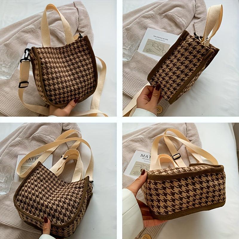 Houndstooth Canvas Crossbody Bag Satchel Purse Women Ladies