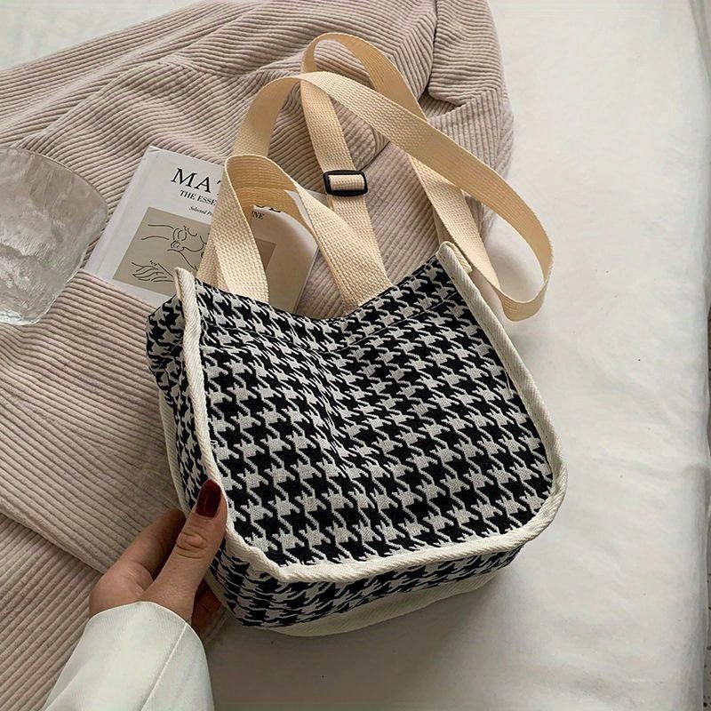 Houndstooth Canvas Crossbody Bag Satchel Purse Women Ladies