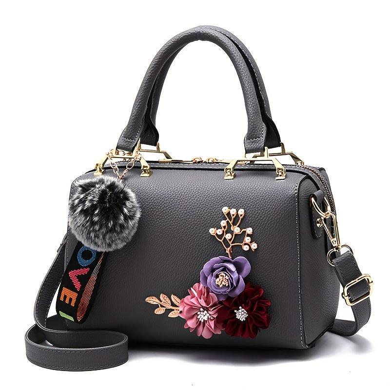 3D Flower Decor Handbag Pompom Ball Crossbody Bag Pillow Shoulder Purse