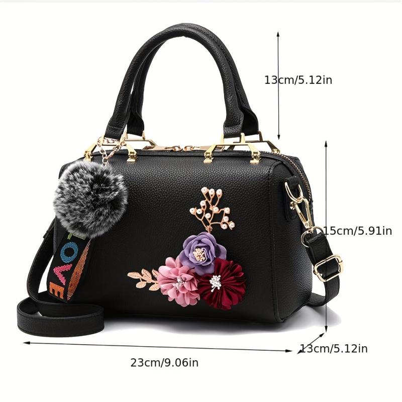 3D Flower Decor Handbag Pompom Ball Crossbody Bag Pillow Shoulder Purse
