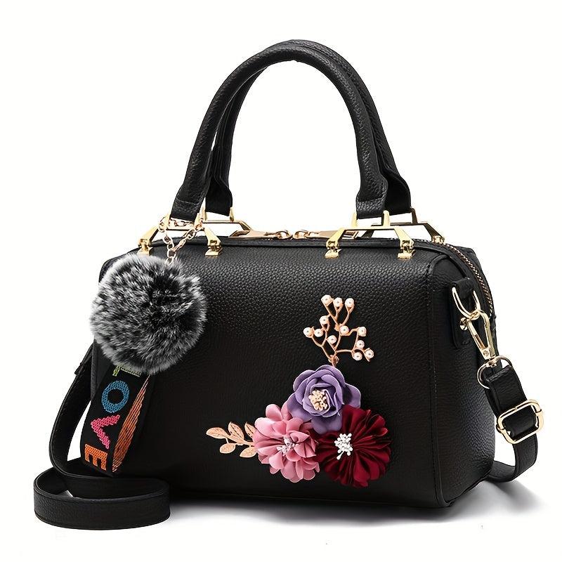 3D Flower Decor Handbag Pompom Ball Crossbody Bag Pillow Shoulder Purse