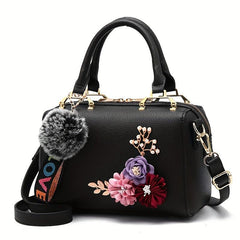 3D Flower Decor Handbag Pompom Ball Crossbody Bag Pillow Shoulder Purse