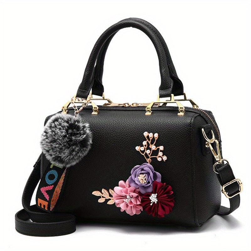 3D Flower Decor Handbag Pompom Ball Crossbody Bag Pillow Shoulder Purse