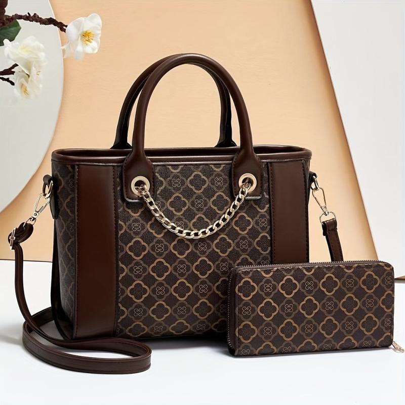Printed Chain Decor Shoulder Bag With Purse, Durable Waterproof Tote Handbag