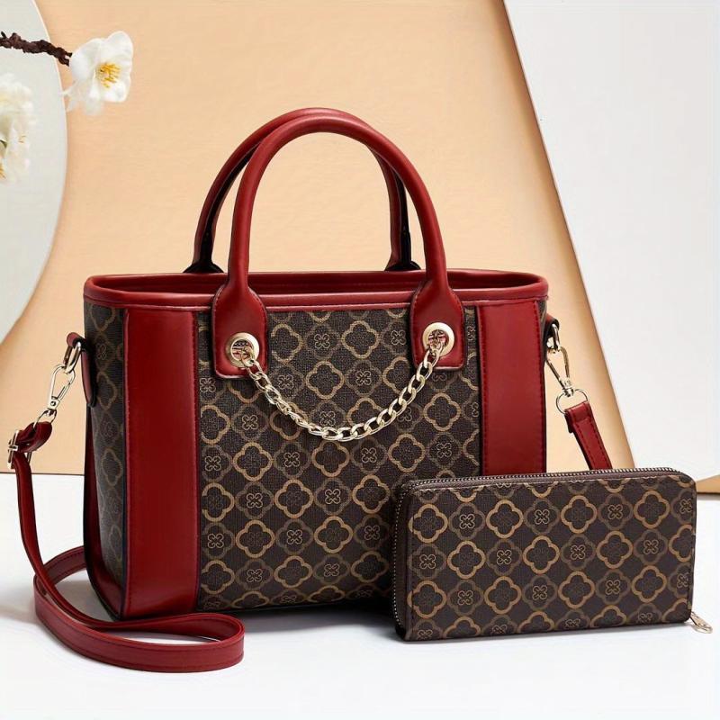Printed Chain Decor Shoulder Bag With Purse, Durable Waterproof Tote Handbag