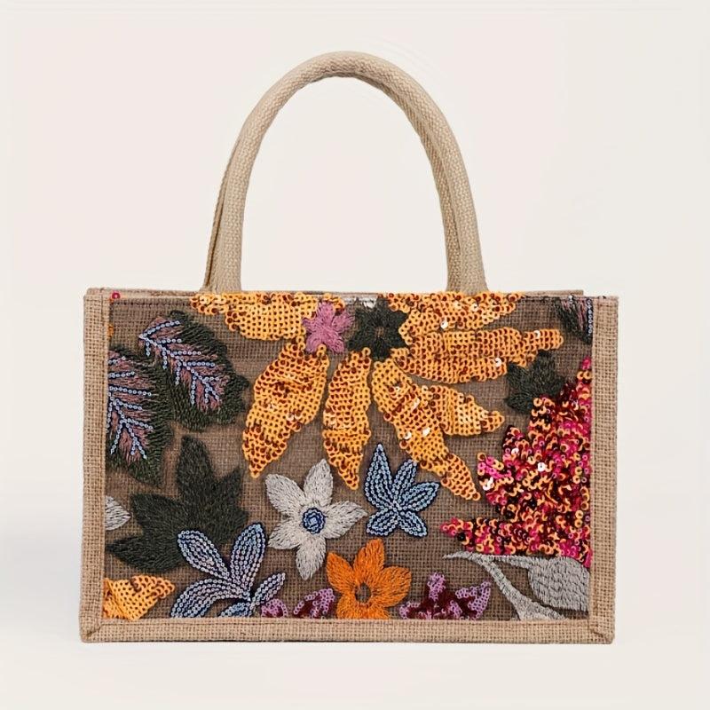 Sequin Decor Burlap Satchel Bag Top Handles Versatile Handbag