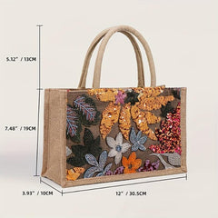 Sequin Decor Burlap Satchel Bag Top Handles Versatile Handbag