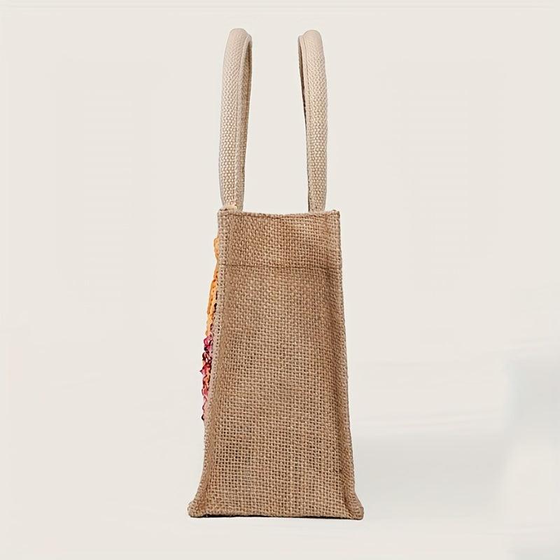 Sequin Decor Burlap Satchel Bag Top Handles Versatile Handbag