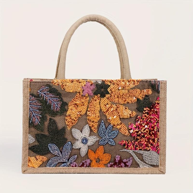 Sequin Decor Burlap Satchel Bag Top Handles Versatile Handbag
