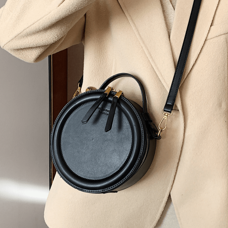 Small Round Crossbody Bag PU Leather Textured Handbag Purse