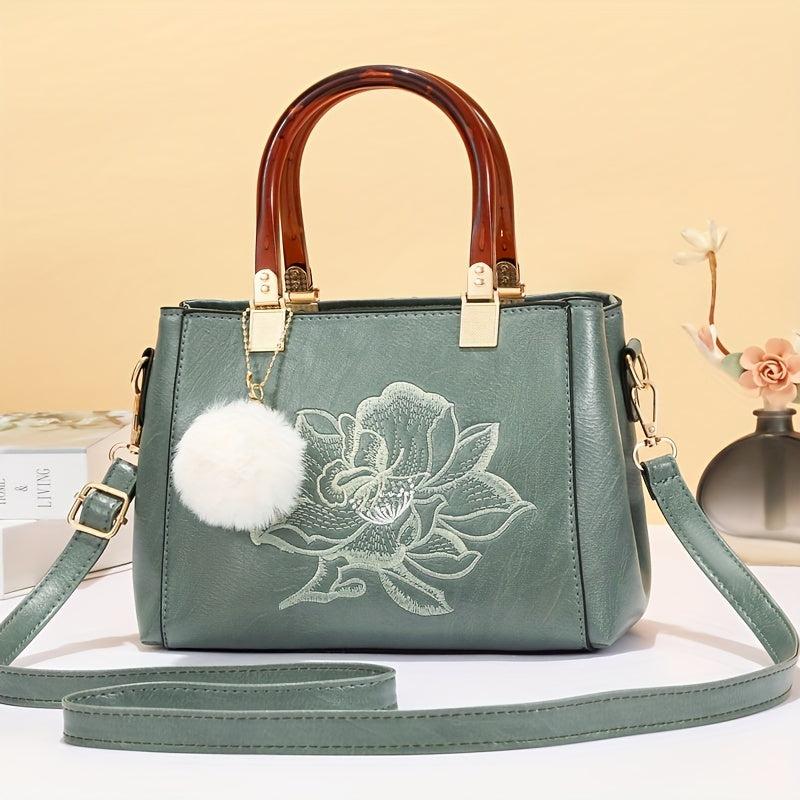Flower Embroidered Top Handle Satchel Tote Bag