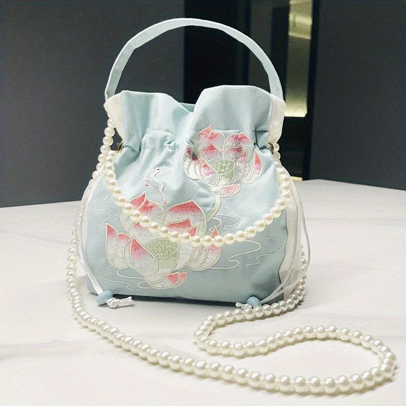 Satin Handbags Flower Embroidery Crossbody Drawstring Bucket Purse