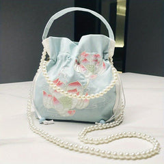 Satin Handbags Flower Embroidery Crossbody Drawstring Bucket Purse