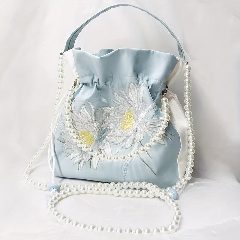 Satin Handbags Flower Embroidery Crossbody Drawstring Bucket Purse