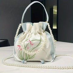 Satin Handbags Flower Embroidery Crossbody Drawstring Bucket Purse