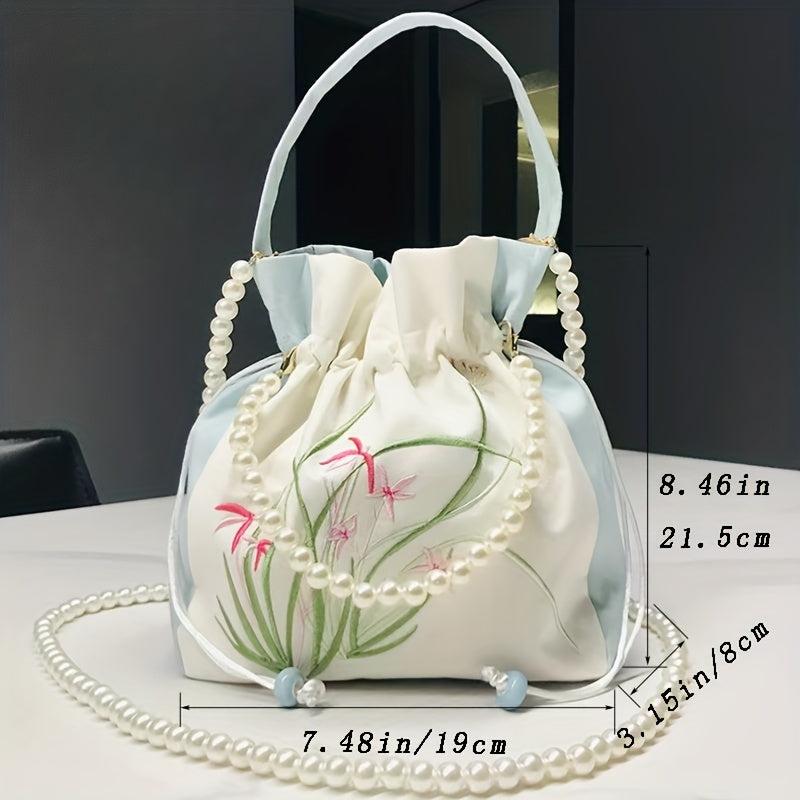 Satin Handbags Flower Embroidery Crossbody Drawstring Bucket Purse