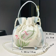 Satin Handbags Flower Embroidery Crossbody Drawstring Bucket Purse