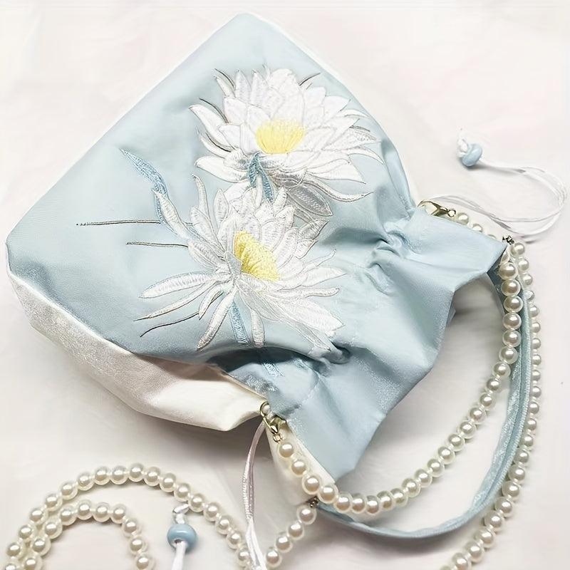 Satin Handbags Flower Embroidery Crossbody Drawstring Bucket Purse