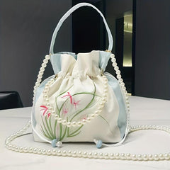 Satin Handbags Flower Embroidery Crossbody Drawstring Bucket Purse