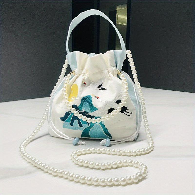 Satin Handbags Flower Embroidery Crossbody Drawstring Bucket Purse