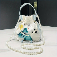 Satin Handbags Flower Embroidery Crossbody Drawstring Bucket Purse