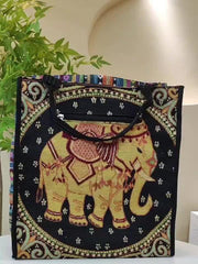 Exotic Elephant Pattern Canvas Tote Bag Lightweight Shoulder Satchel