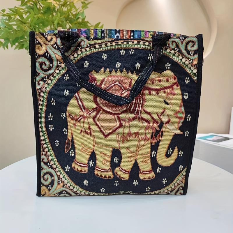 Exotic Elephant Pattern Canvas Tote Bag Lightweight Shoulder Satchel