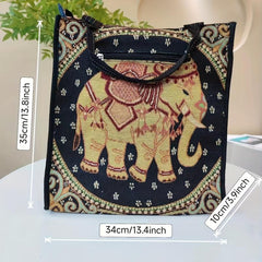 Exotic Elephant Pattern Canvas Tote Bag Lightweight Shoulder Satchel
