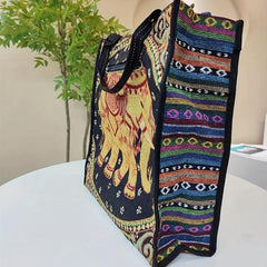 Exotic Elephant Pattern Canvas Tote Bag Lightweight Shoulder Satchel