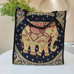 Exotic Elephant Pattern Canvas Tote Bag Lightweight Shoulder Satchel