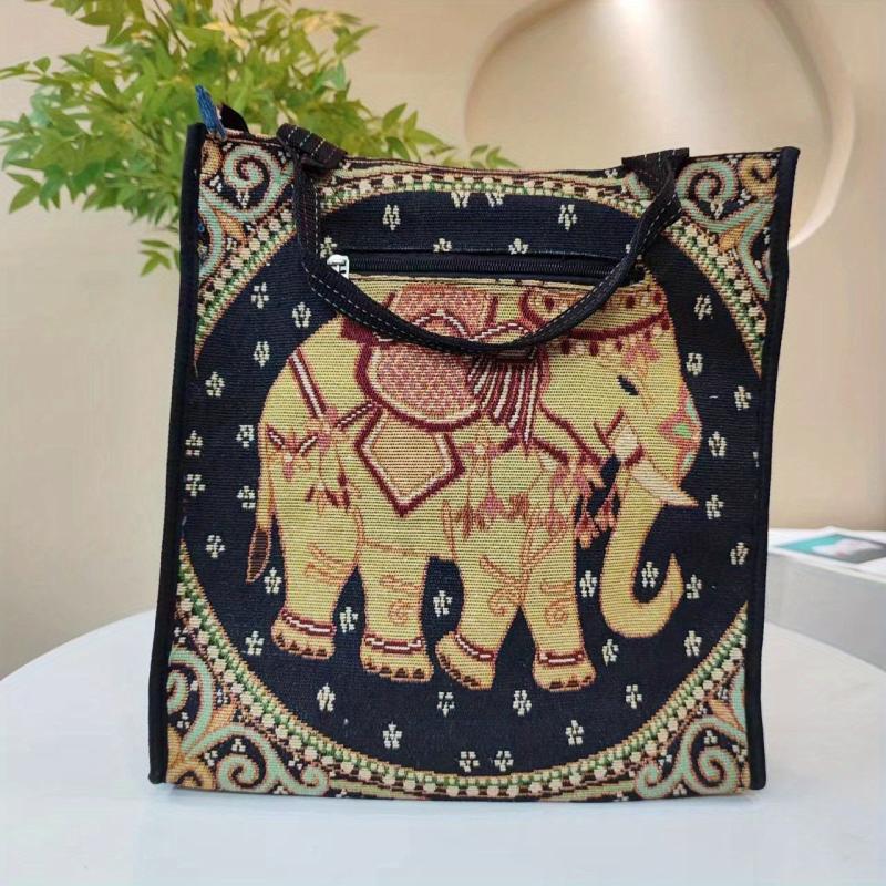 Exotic Elephant Pattern Canvas Tote Bag Lightweight Shoulder Satchel