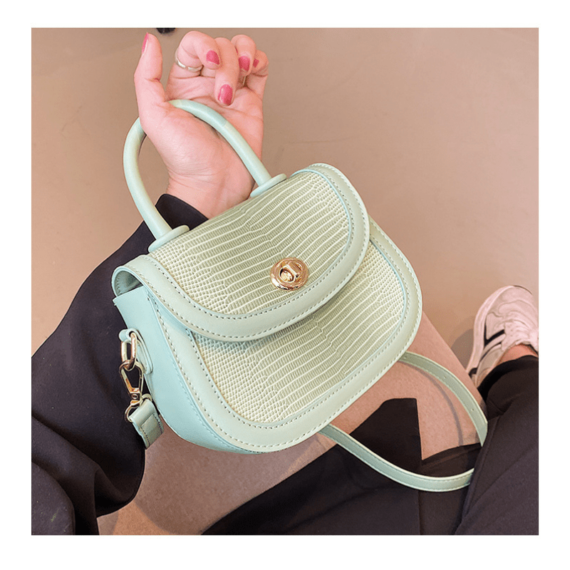 Crocodile Embossed Flap Saddle Bag Twist Lock Shoulder Bag