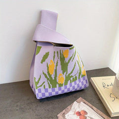 Flower & Checkerboard Pattern Knitted Bag Lightweight Crochet Storage Handbag