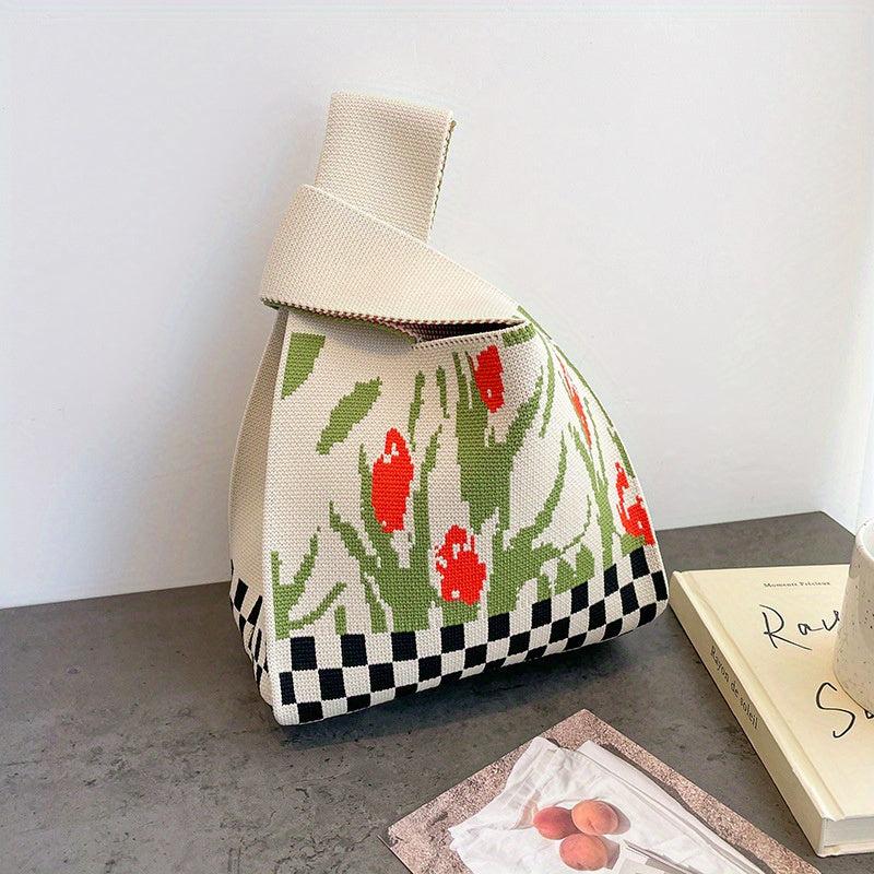 Flower & Checkerboard Pattern Knitted Bag Lightweight Crochet Storage Handbag