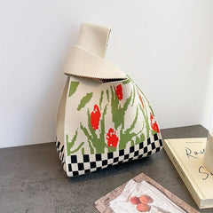 Flower & Checkerboard Pattern Knitted Bag Lightweight Crochet Storage Handbag