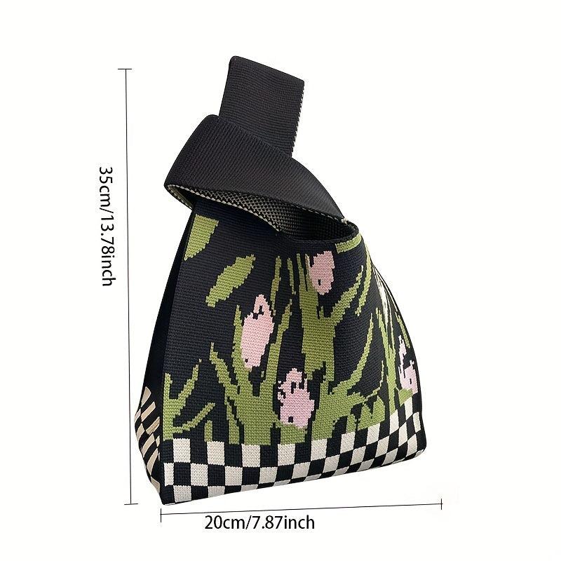 Flower & Checkerboard Pattern Knitted Bag Lightweight Crochet Storage Handbag