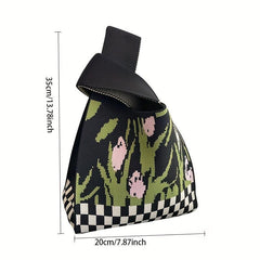 Flower & Checkerboard Pattern Knitted Bag Lightweight Crochet Storage Handbag