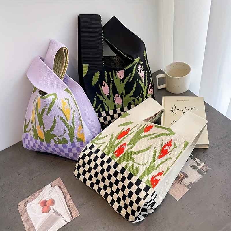 Flower & Checkerboard Pattern Knitted Bag Lightweight Crochet Storage Handbag
