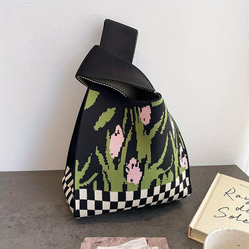 Flower & Checkerboard Pattern Knitted Bag Lightweight Crochet Storage Handbag