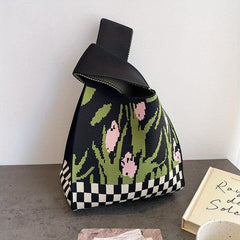 Flower & Checkerboard Pattern Knitted Bag Lightweight Crochet Storage Handbag