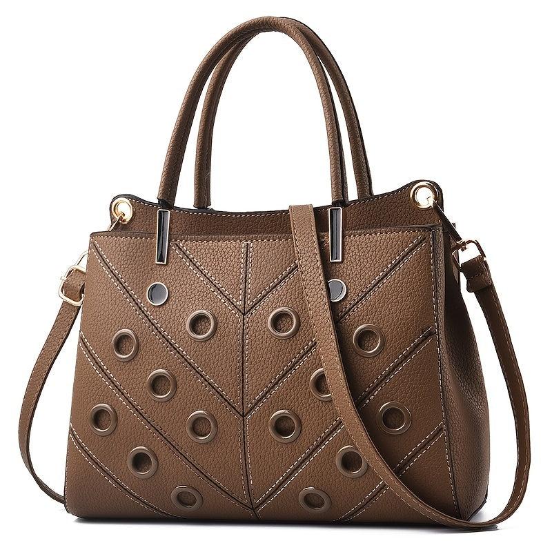 Metal Hole Decor Stitch Detail Crossbody Bag Top Handle Purse