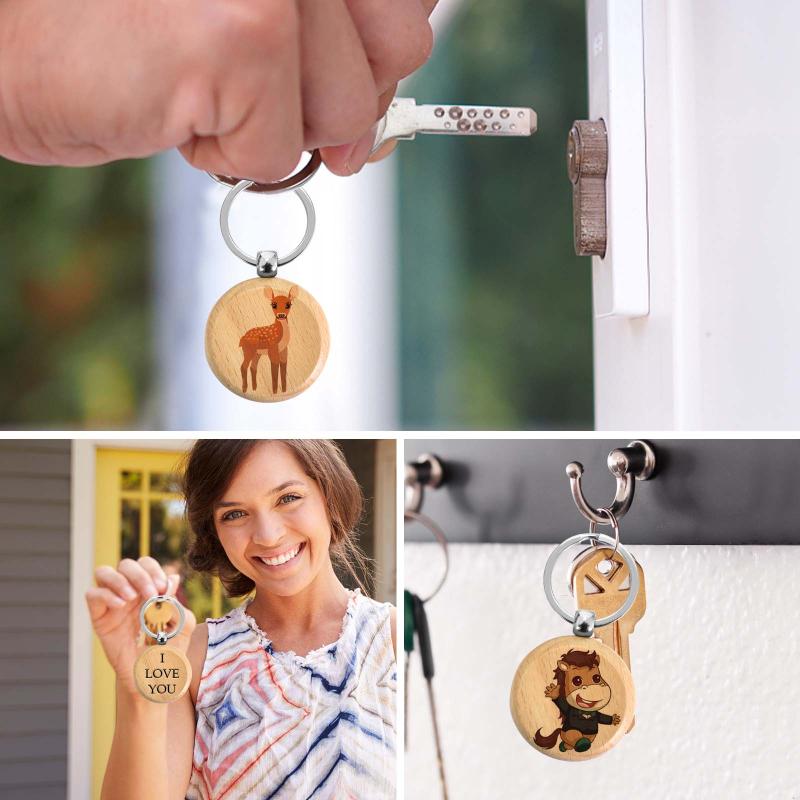 12pcs Round Wooden Key Ring Blank Key Chain For DIY Key Craft Supplies